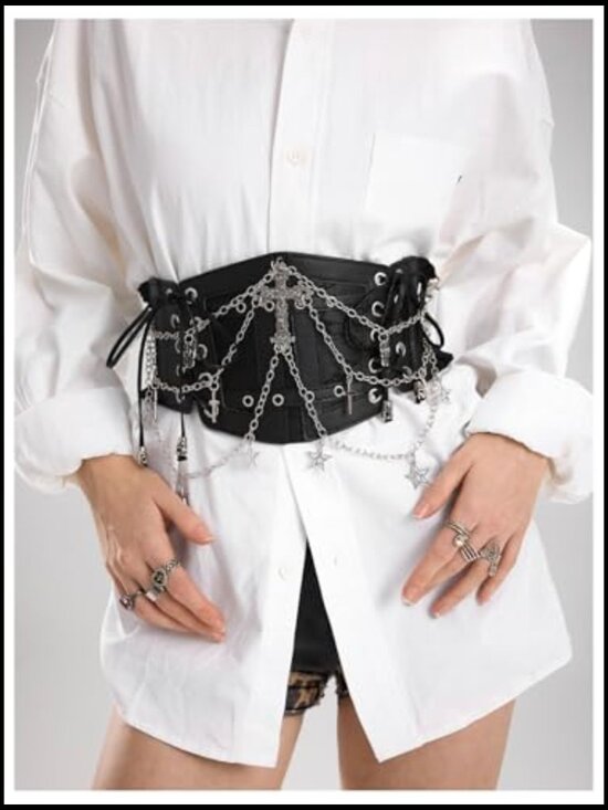 Faux Leather Corset Belt Chain Lace Up Side Elastic Waist Punk Goth Festival main image 5
